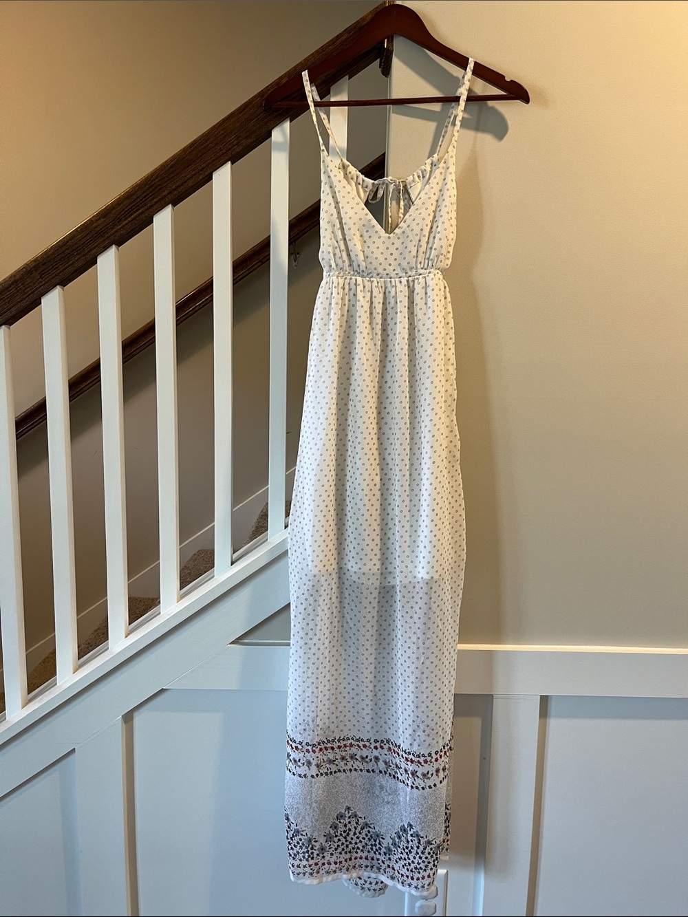 White Polka Dot Maxi Dress with Floral Border